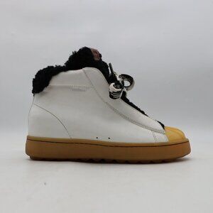 Coach High-Top Wedge Hiker Leather Women's Sz 8 B White Black Shearling Bow Fur